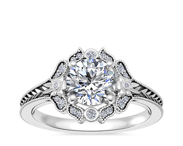 Vintage Floral Engraved Halo in 14k White Gold