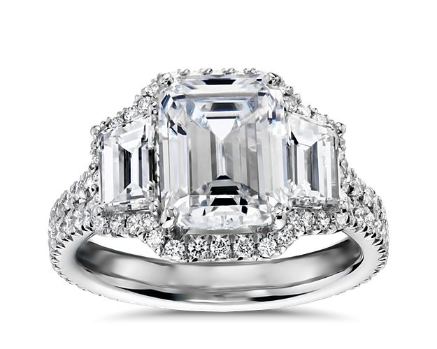 The Gallery Collection Emerald Three Stone Halo Diamond Engagement Ring in Platinum (1.50 ct. tw.)