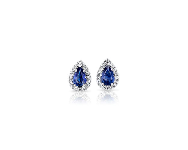 Pear-Shaped Sapphire Stud Earrings with Diamond Halo in 14k White Gold (5x4mm)