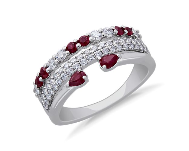 3-Row Stacked Ruby Open Pear and Pavé Diamond Ring in Platinum (3/8 ct. tw.)